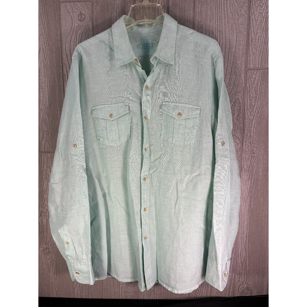 Islander Mens L 100% Linen Safari Shirt Light Blue Long Sleeve Roll Tab Coastal